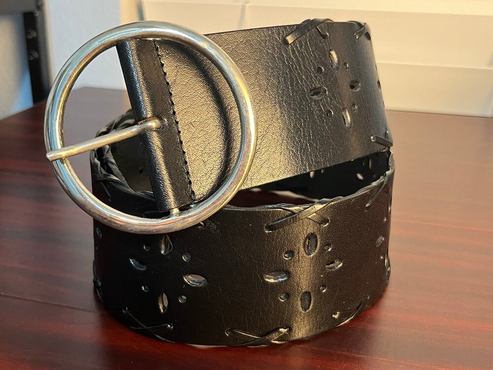 Y2K Wide Leather Belt Large Black Cut Out Lace Up Details Whimsygoth Hippie